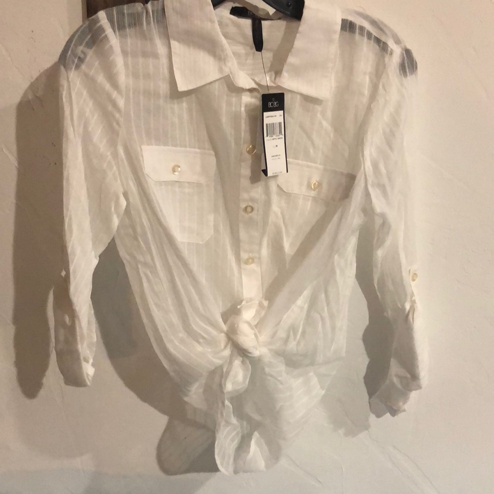 BCBG NWT Sheer  Optic White button down shirt